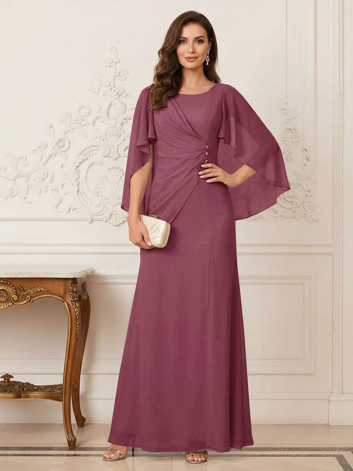 A-Line/Princess Scoop Half Sleeves Floor-Length Mother of the Bride Dresses with Ruched &amp; Split Side