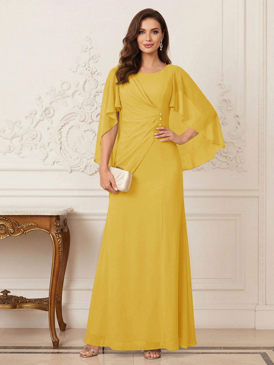 A-Line/Princess Scoop Half Sleeves Floor-Length Mother of the Bride Dresses with Ruched &amp; Split Side
