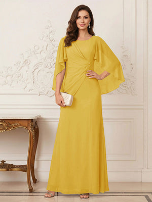 A-Line/Princess Scoop Half Sleeves Floor-Length Mother of the Bride Dresses with Ruched & Split Side