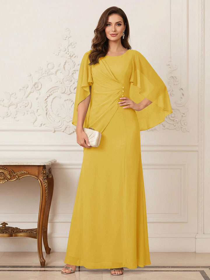 A-Line/Princess Scoop Half Sleeves Floor-Length Mother of the Bride Dresses with Ruched &amp; Split Side