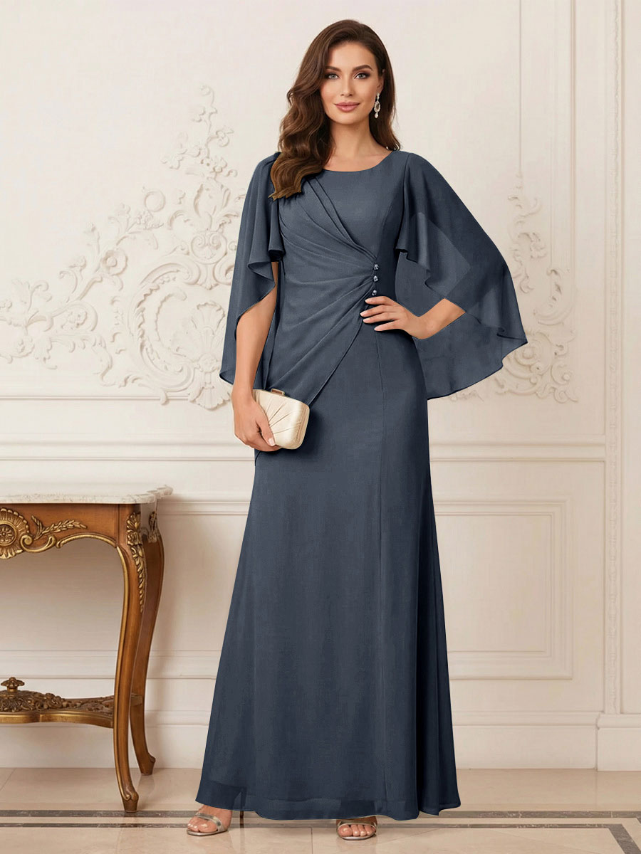 A-Line/Princess Scoop Half Sleeves Floor-Length Mother of the Bride Dresses with Ruched &amp; Split Side