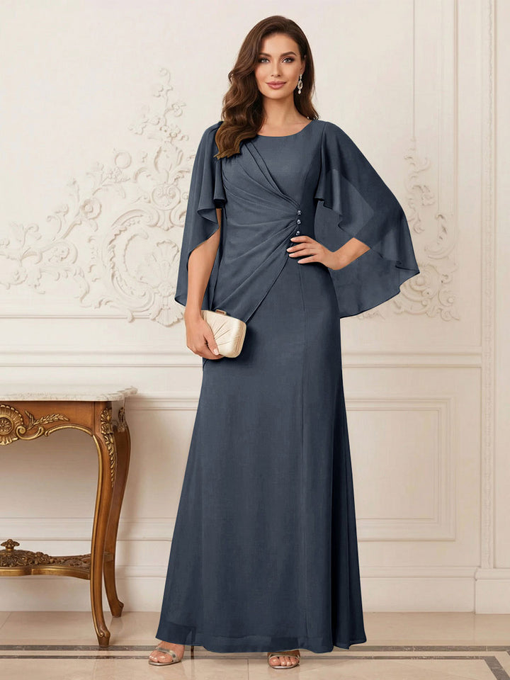 A-Line/Princess Scoop Half Sleeves Floor-Length Mother of the Bride Dresses with Ruched &amp; Split Side