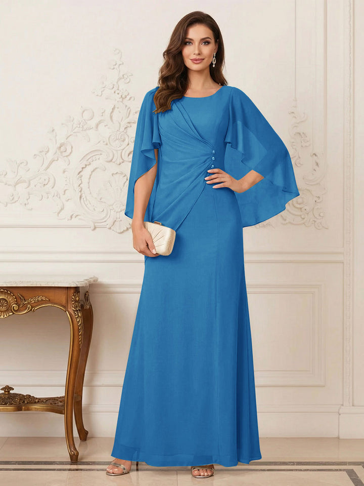 A-Line/Princess Scoop Half Sleeves Floor-Length Mother of the Bride Dresses with Ruched &amp; Split Side