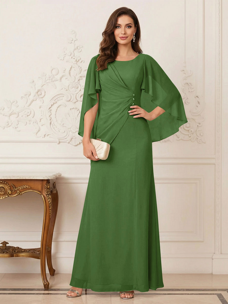 A-Line/Princess Scoop Half Sleeves Floor-Length Mother of the Bride Dresses with Ruched &amp; Split Side