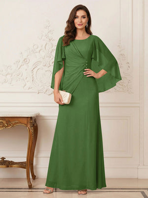A-Line/Princess Scoop Half Sleeves Floor-Length Mother of the Bride Dresses with Ruched & Split Side
