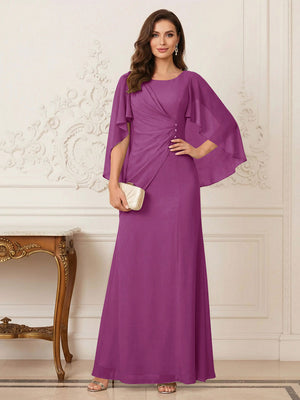 A-Line/Princess Scoop Half Sleeves Floor-Length Mother of the Bride Dresses with Ruched & Split Side