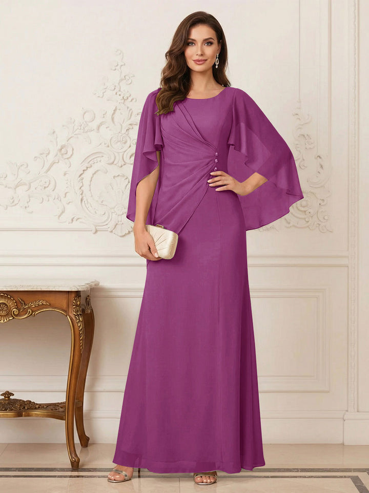 A-Line/Princess Scoop Half Sleeves Floor-Length Mother of the Bride Dresses with Ruched &amp; Split Side