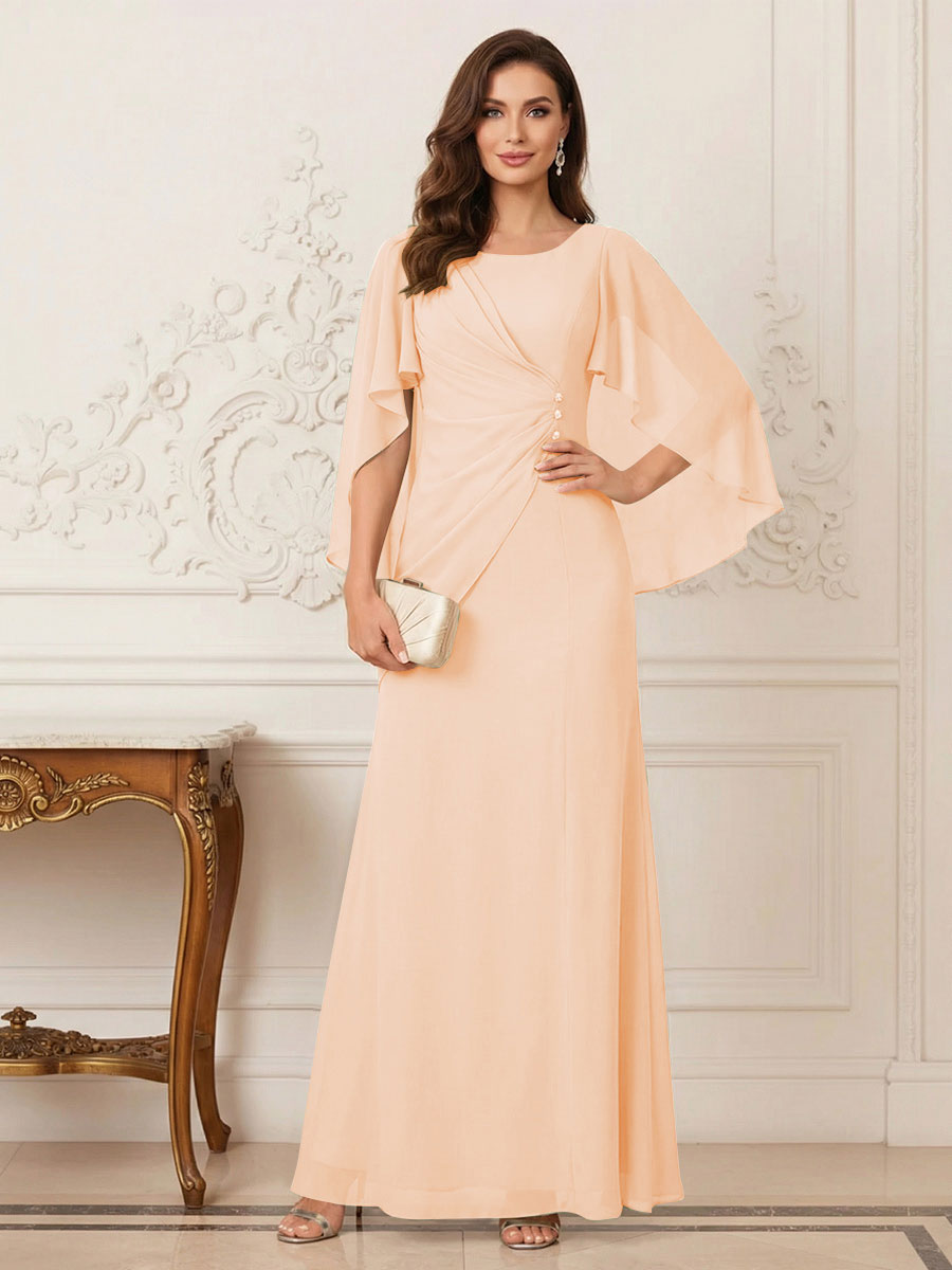 A-Line/Princess Scoop Half Sleeves Floor-Length Mother of the Bride Dresses with Ruched &amp; Split Side