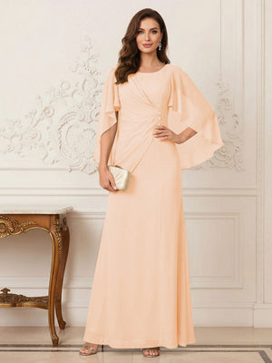 A-Line/Princess Scoop Half Sleeves Floor-Length Mother of the Bride Dresses with Ruched & Split Side