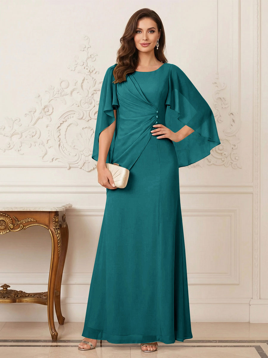 A-Line/Princess Scoop Half Sleeves Floor-Length Mother of the Bride Dresses with Ruched &amp; Split Side