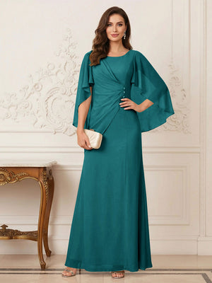 A-Line/Princess Scoop Half Sleeves Floor-Length Mother of the Bride Dresses with Ruched & Split Side