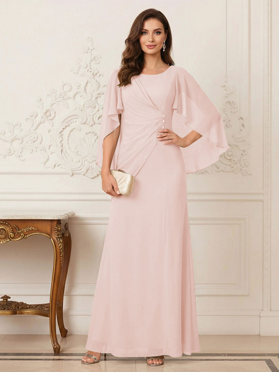 A-Line/Princess Scoop Half Sleeves Floor-Length Mother of the Bride Dresses with Ruched &amp; Split Side