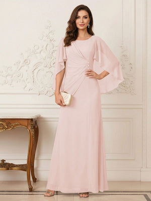 A-Line/Princess Scoop Half Sleeves Floor-Length Mother of the Bride Dresses with Ruched & Split Side