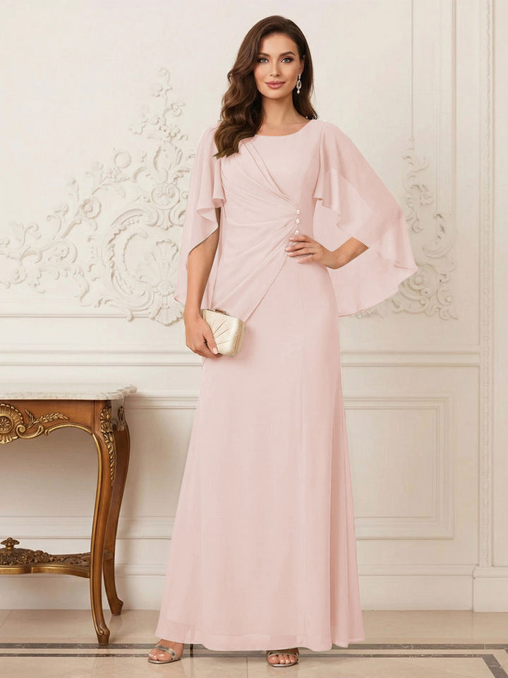 A-Line/Princess Scoop Half Sleeves Floor-Length Mother of the Bride Dresses with Ruched &amp; Split Side