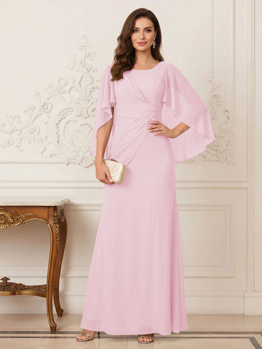 A-Line/Princess Scoop Half Sleeves Floor-Length Mother of the Bride Dresses with Ruched &amp; Split Side