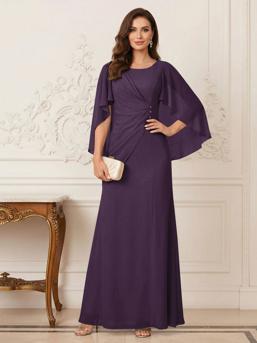 A-Line/Princess Scoop Half Sleeves Floor-Length Mother of the Bride Dresses with Ruched &amp; Split Side