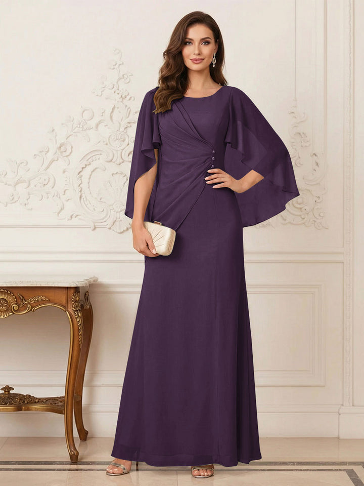 A-Line/Princess Scoop Half Sleeves Floor-Length Mother of the Bride Dresses with Ruched &amp; Split Side