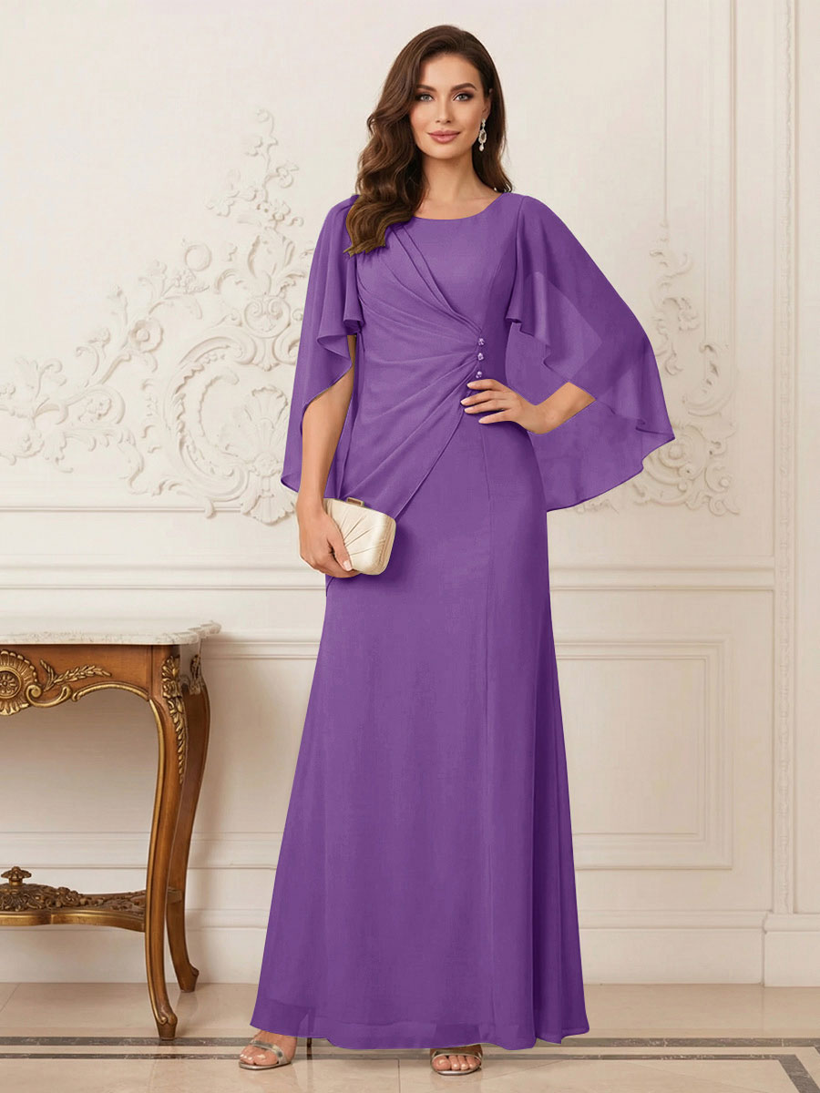 A-Line/Princess Scoop Half Sleeves Floor-Length Mother of the Bride Dresses with Ruched &amp; Split Side