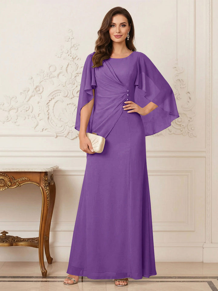 A-Line/Princess Scoop Half Sleeves Floor-Length Mother of the Bride Dresses with Ruched &amp; Split Side