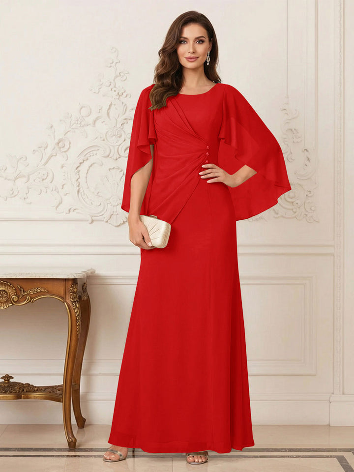 A-Line/Princess Scoop Half Sleeves Floor-Length Mother of the Bride Dresses with Ruched &amp; Split Side