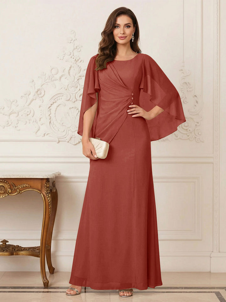 A-Line/Princess Scoop Half Sleeves Floor-Length Mother of the Bride Dresses with Ruched &amp; Split Side