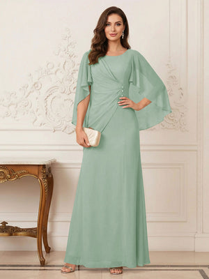 A-Line/Princess Scoop Half Sleeves Floor-Length Mother of the Bride Dresses with Ruched & Split Side
