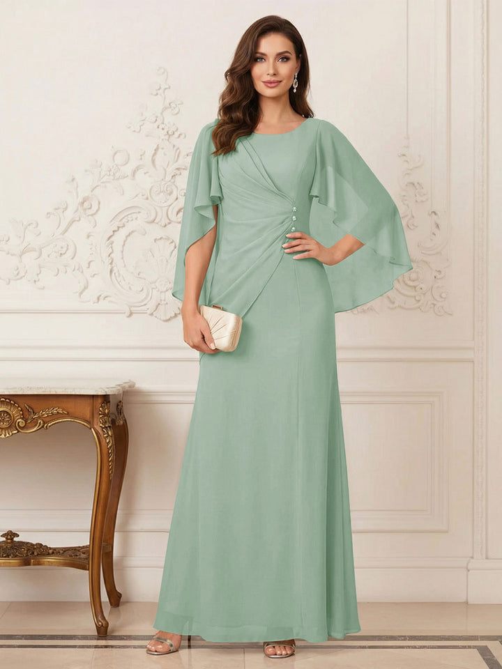 A-Line/Princess Scoop Half Sleeves Floor-Length Mother of the Bride Dresses with Ruched &amp; Split Side