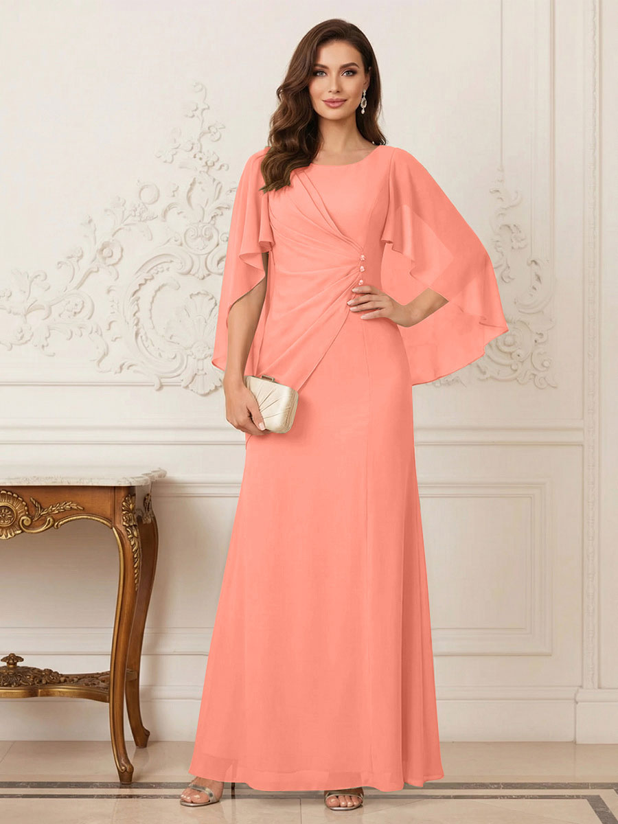 A-Line/Princess Scoop Half Sleeves Floor-Length Mother of the Bride Dresses with Ruched &amp; Split Side
