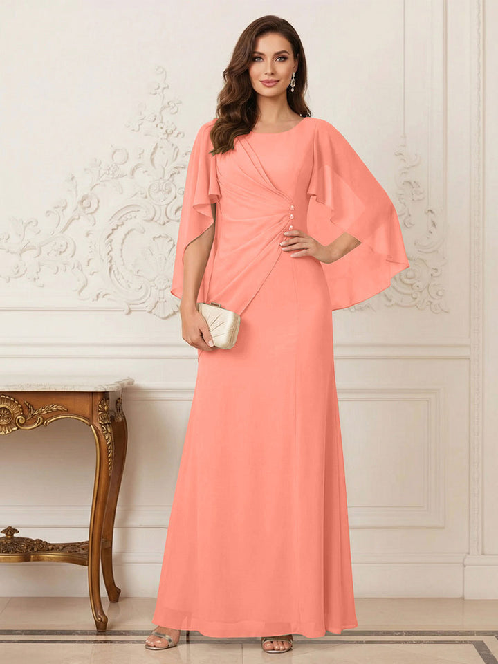 A-Line/Princess Scoop Half Sleeves Floor-Length Mother of the Bride Dresses with Ruched &amp; Split Side