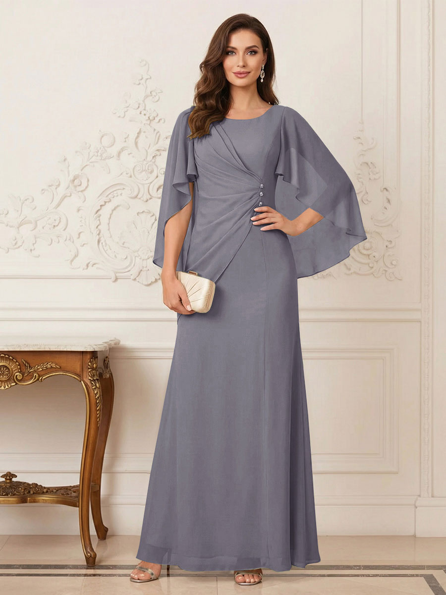 A-Line/Princess Scoop Half Sleeves Floor-Length Mother of the Bride Dresses with Ruched &amp; Split Side