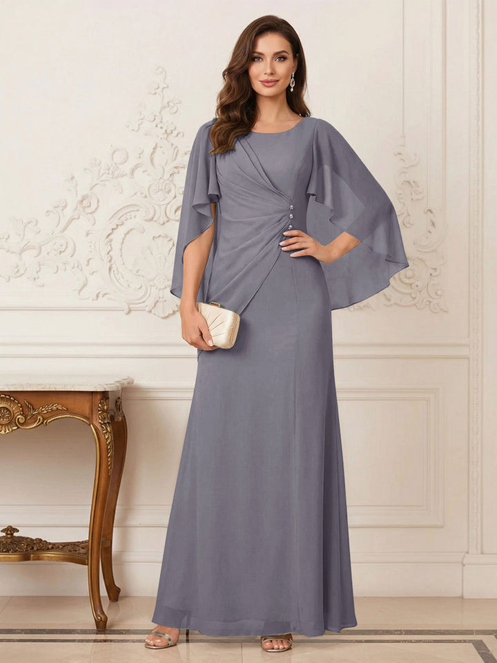 A-Line/Princess Scoop Half Sleeves Floor-Length Mother of the Bride Dresses with Ruched &amp; Split Side
