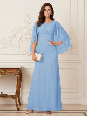 A-Line/Princess Scoop Half Sleeves Floor-Length Mother of the Bride Dresses with Ruched & Split Side