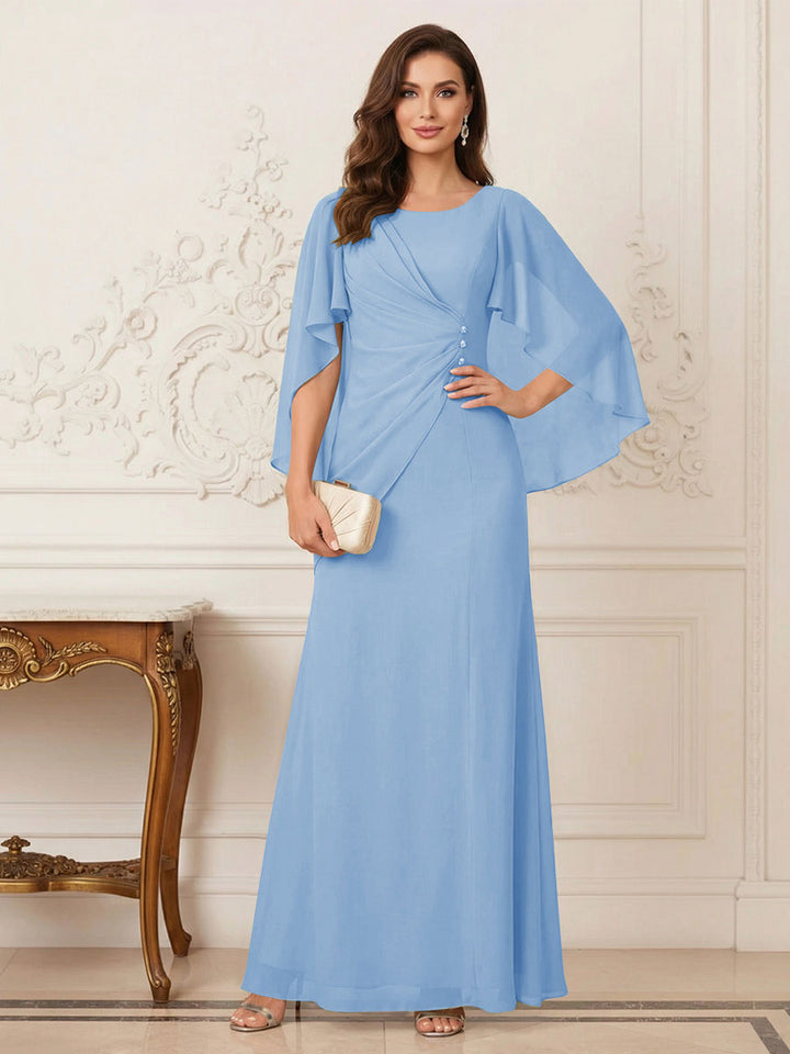 A-Line/Princess Scoop Half Sleeves Floor-Length Mother of the Bride Dresses with Ruched &amp; Split Side