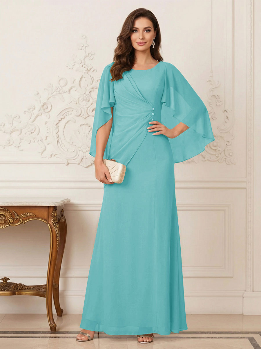 A-Line/Princess Scoop Half Sleeves Floor-Length Mother of the Bride Dresses with Ruched &amp; Split Side