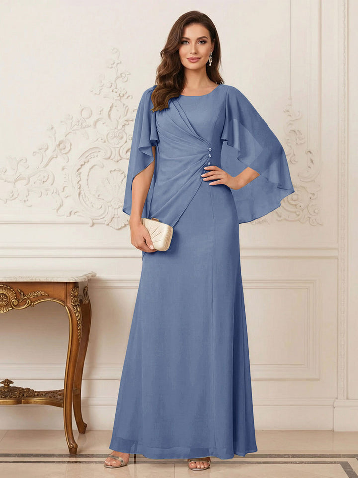 A-Line/Princess Scoop Half Sleeves Floor-Length Mother of the Bride Dresses with Ruched &amp; Split Side