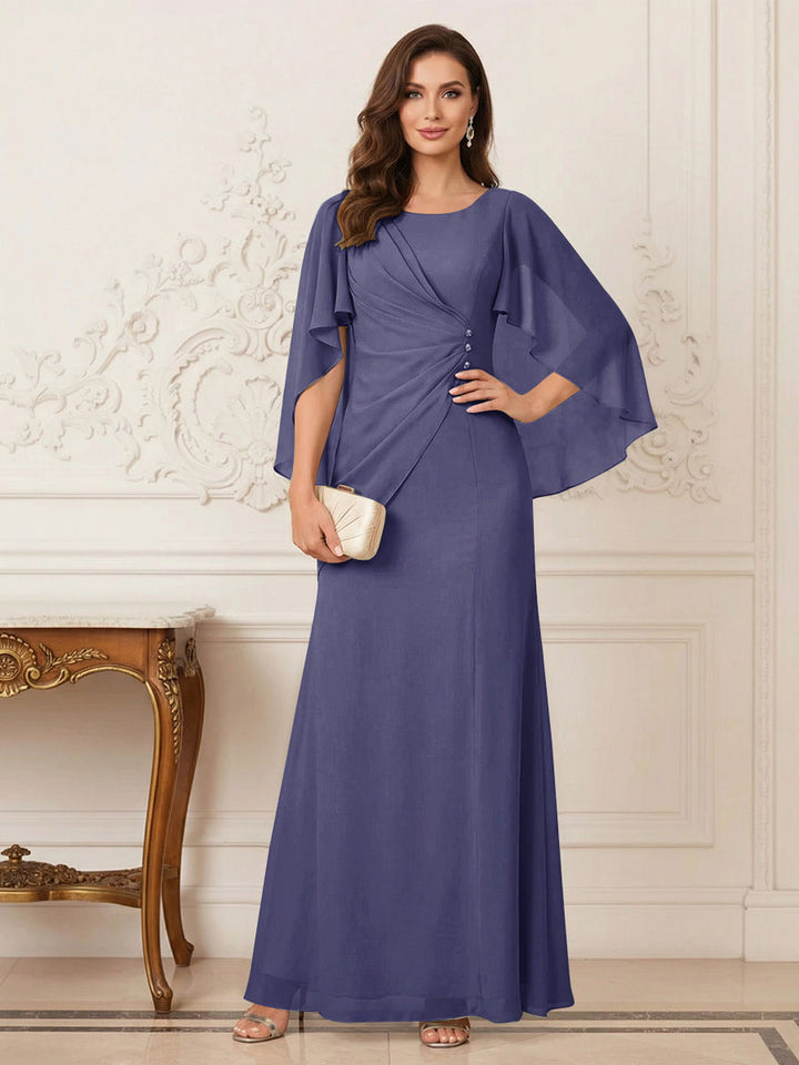 A-Line/Princess Scoop Half Sleeves Floor-Length Mother of the Bride Dresses with Ruched &amp; Split Side