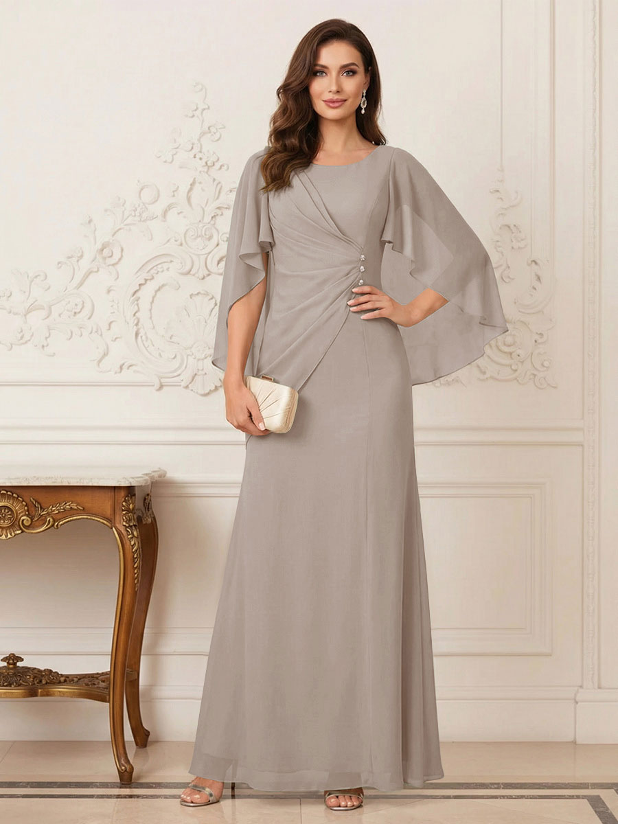 A-Line/Princess Scoop Half Sleeves Floor-Length Mother of the Bride Dresses with Ruched &amp; Split Side
