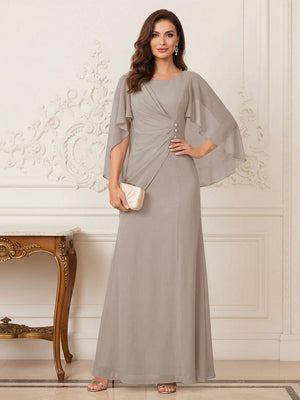 A-Line/Princess Scoop Half Sleeves Floor-Length Mother of the Bride Dresses with Ruched & Split Side