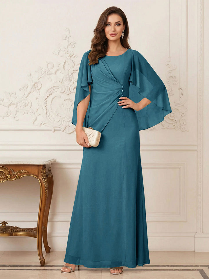 A-Line/Princess Scoop Half Sleeves Floor-Length Mother of the Bride Dresses with Ruched &amp; Split Side