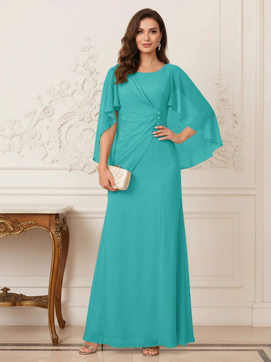 A-Line/Princess Scoop Half Sleeves Floor-Length Mother of the Bride Dresses with Ruched &amp; Split Side