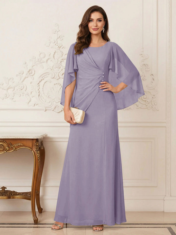 A-Line/Princess Scoop Half Sleeves Floor-Length Mother of the Bride Dresses with Ruched &amp; Split Side