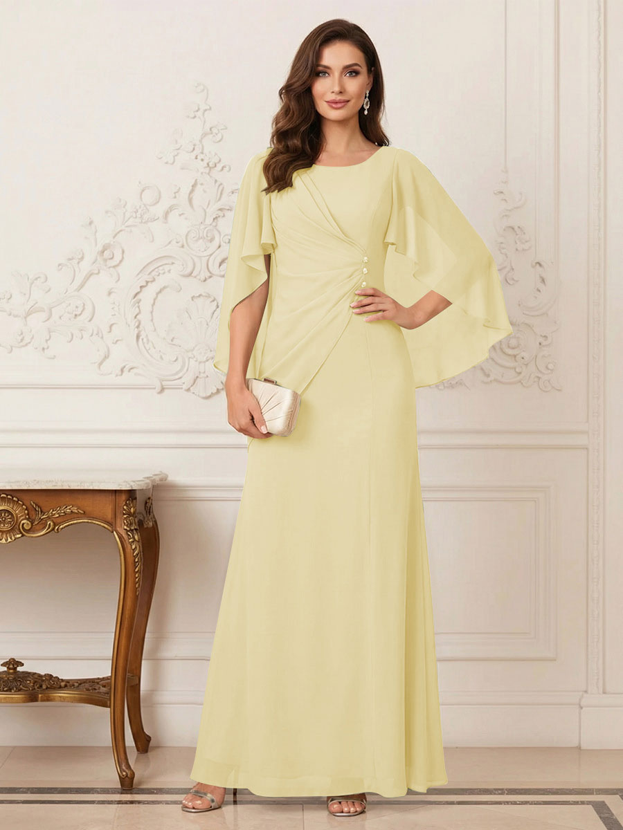 A-Line/Princess Scoop Half Sleeves Floor-Length Mother of the Bride Dresses with Ruched &amp; Split Side