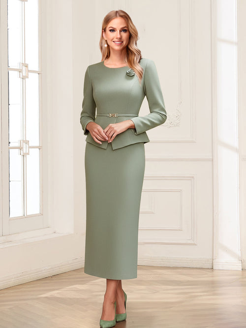 Sheath/Column Scoop Long Sleeves Ankle-Length Mother of the Bride Dresses with Belt