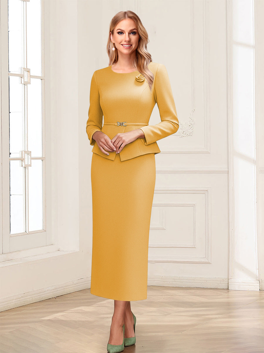 Sheath/Column Scoop Long Sleeves Ankle-Length Mother of the Bride Dresses with Belt