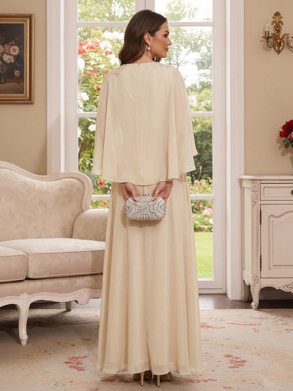 A-Line/Princess V-Neck Half Sleeves Floor-Length Mother of the Bride Dresses with Beading & Applique
