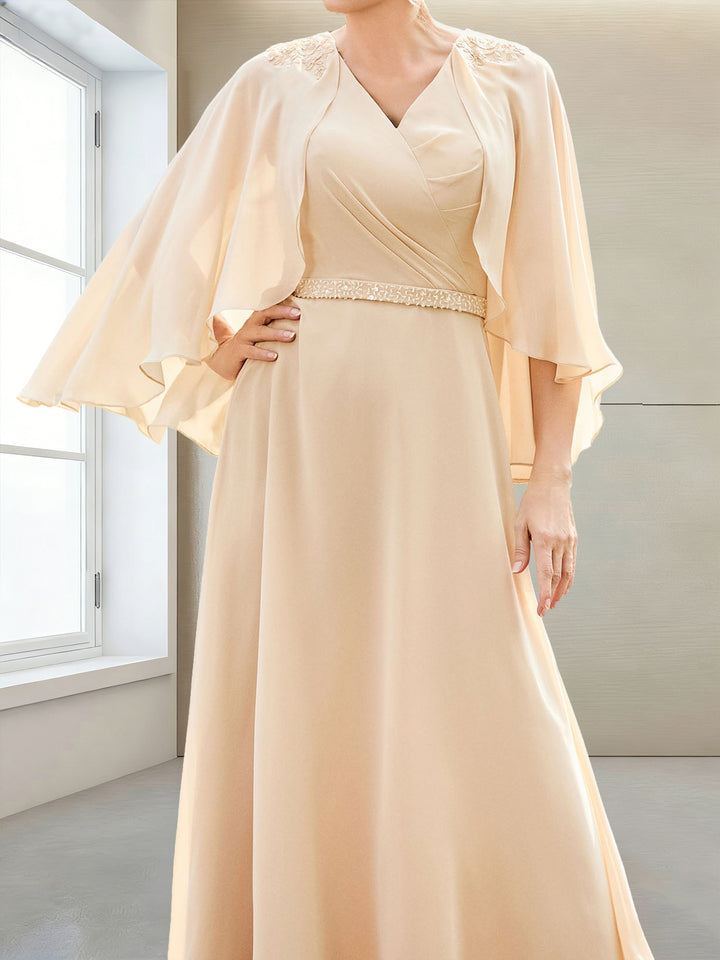 A-Line/Princess V-Neck Half Sleeves Floor-Length Mother of the Bride Dresses with Beading &amp; Applique