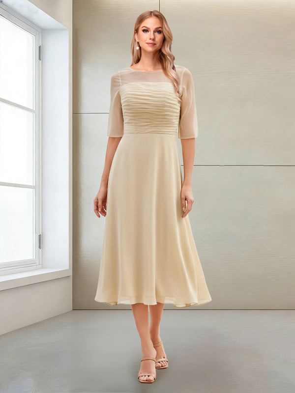 A-Line/Princess Scoop Half Sleeves Tea-Length Mother of the Bride Dresses with Ruched