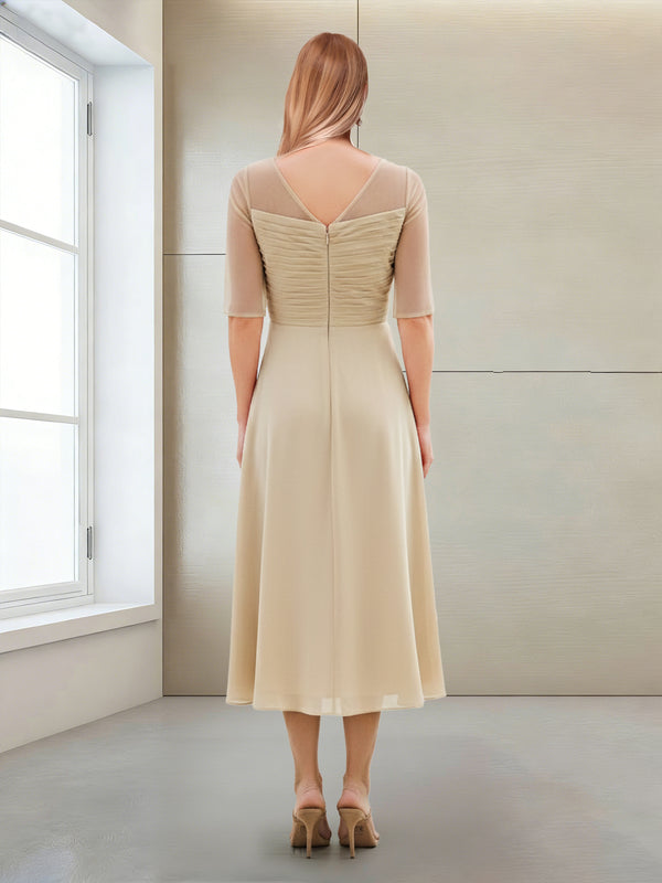 A-Line/Princess Scoop Half Sleeves Tea-Length Mother of the Bride Dresses with Ruched