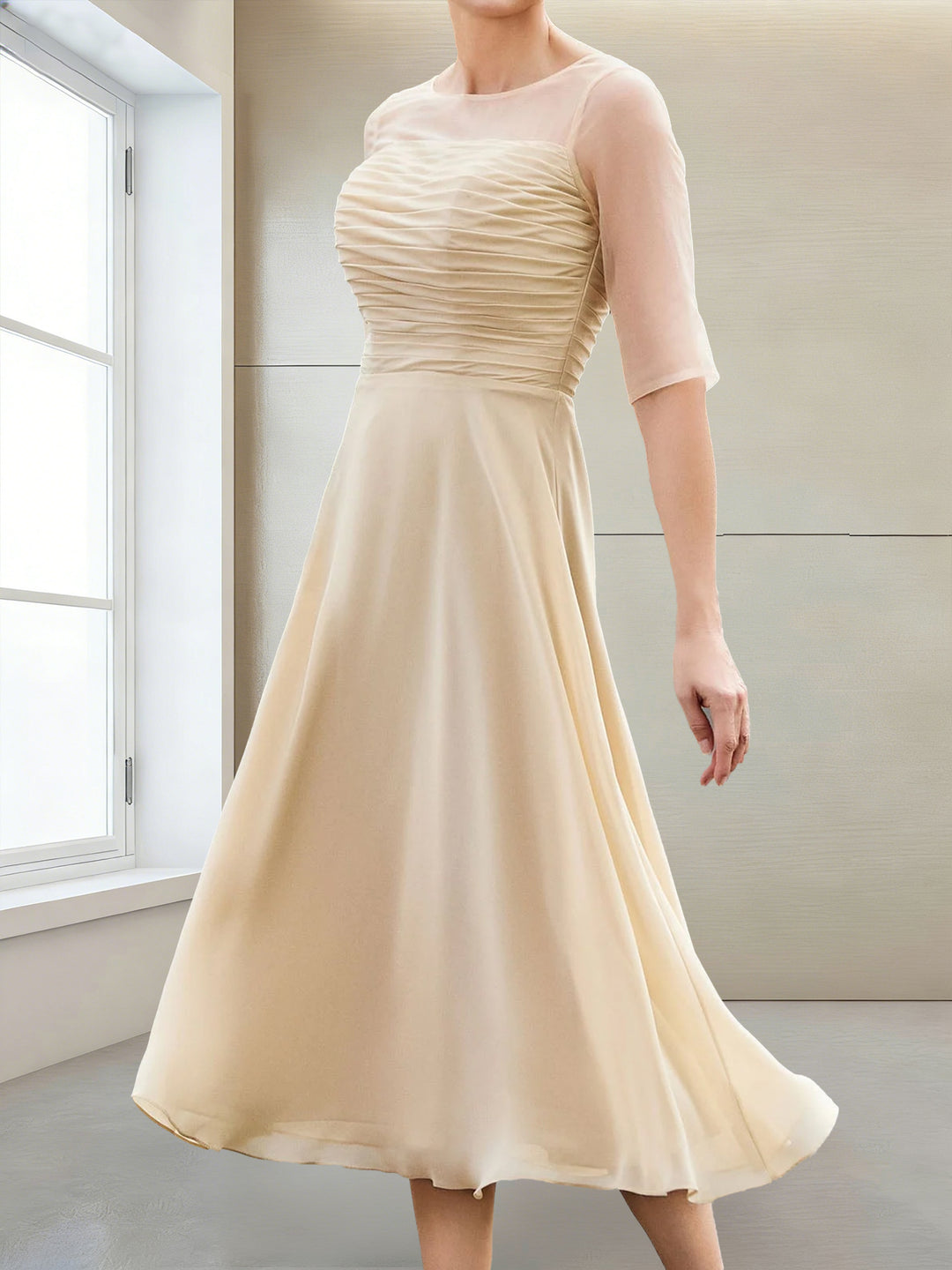 A-Line/Princess Scoop Half Sleeves Tea-Length Mother of the Bride Dresses with Ruched