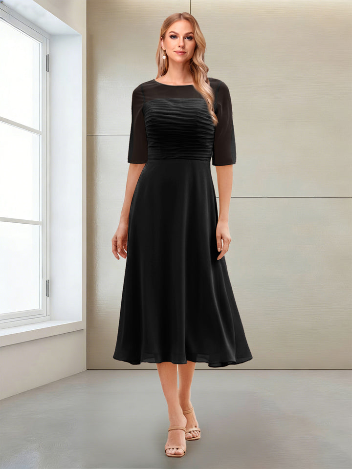 A-Line/Princess Scoop Half Sleeves Tea-Length Mother of the Bride Dresses with Ruched